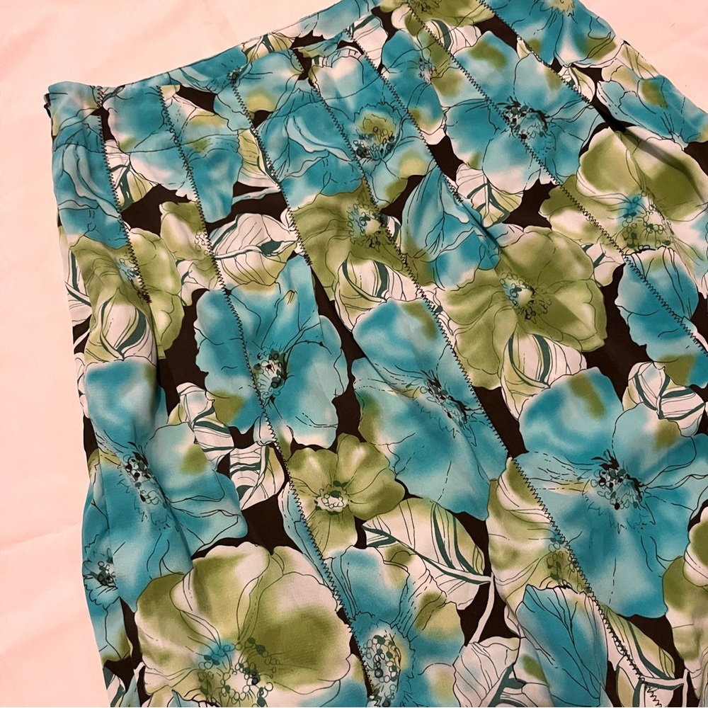 Vintage Blue Green Floral Midi Skirt with Brown Accents - Size 8 - Picture 7 of 9